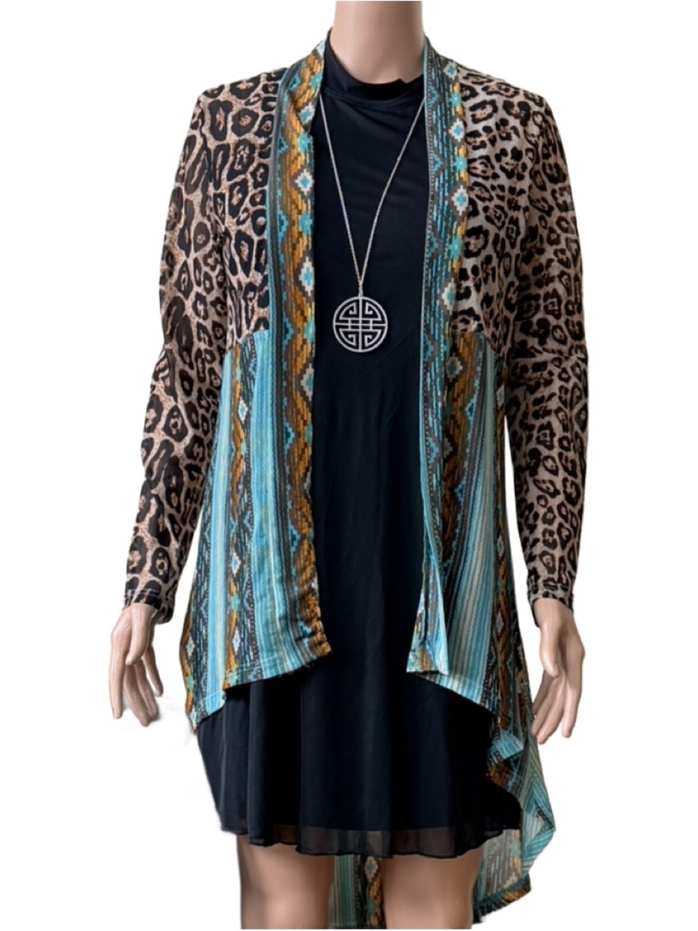 Crazy Train Teal & Black Leopard Aztec Layered Duster